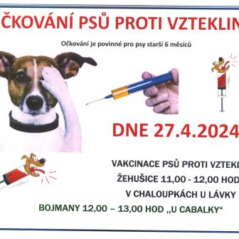 Očkování psů proti vzteklině dne 27.4.2024